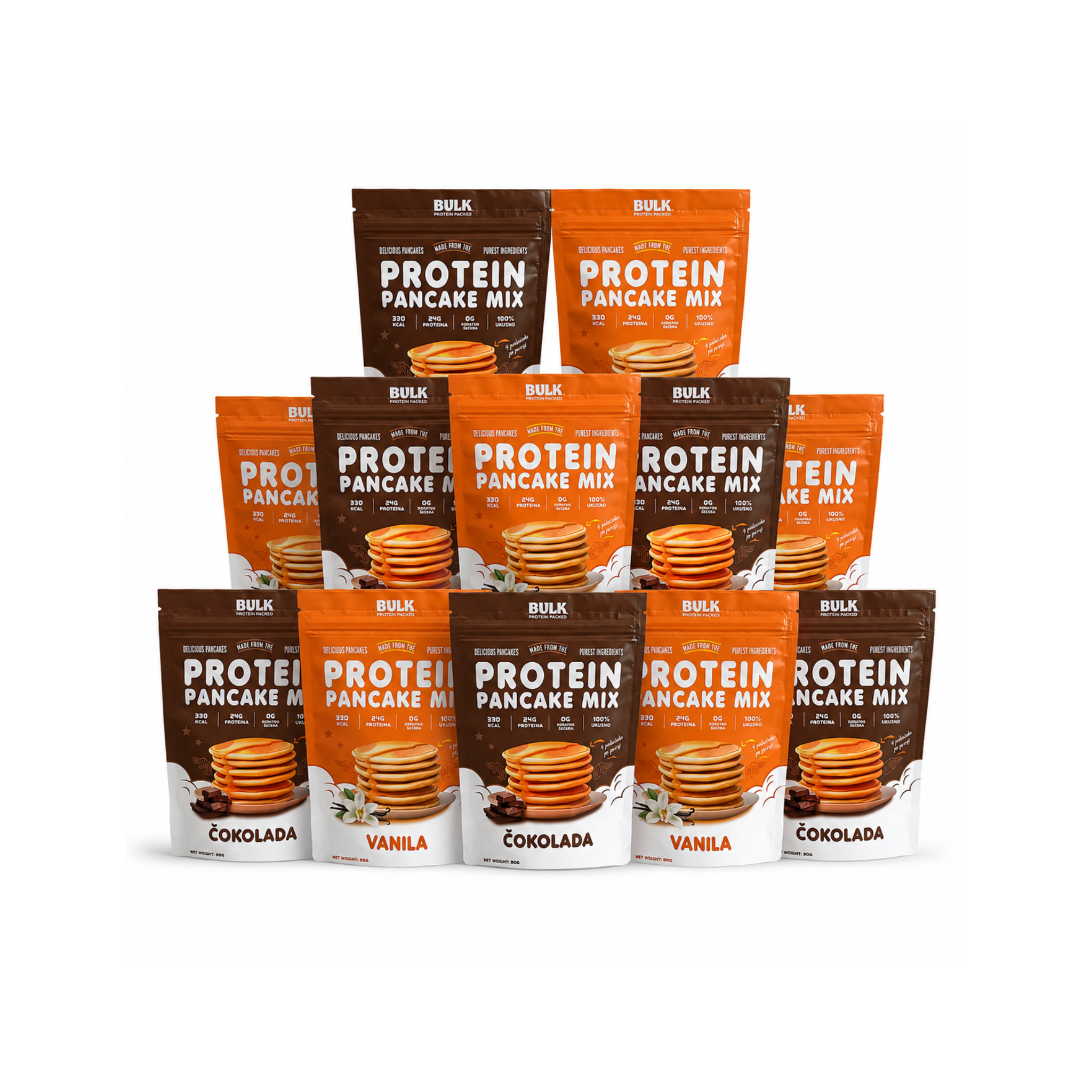 Multiple packages of Bulk Protein Pancake Mix on a white background