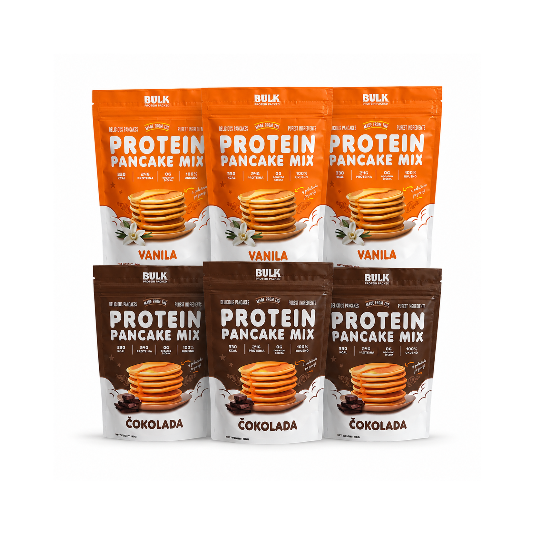 Multiple packages of Bulk Protein Pancake Mix in vanilla and chocolate flavors on a white background