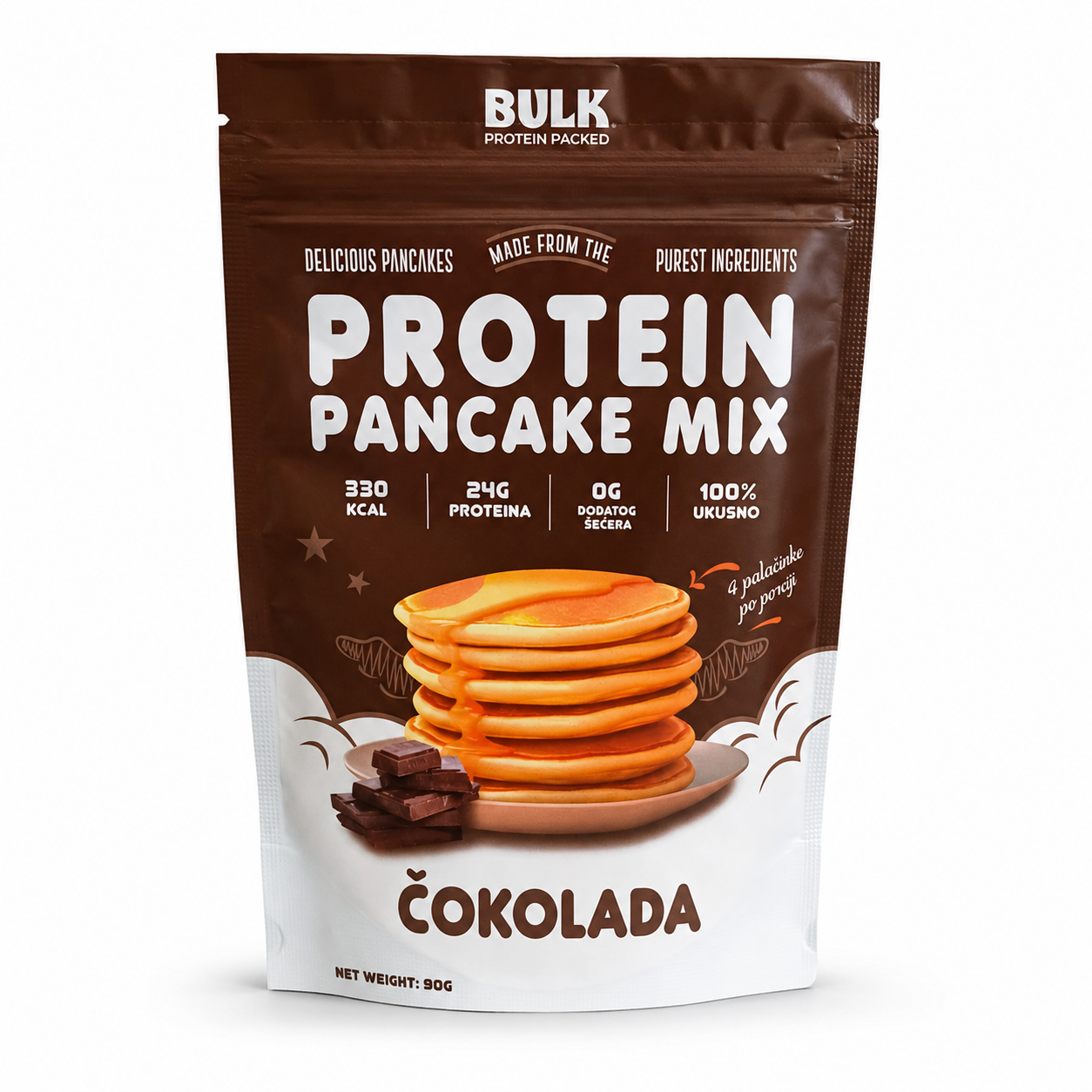 Protein pancake mix packaging with chocolate flavor on a white background