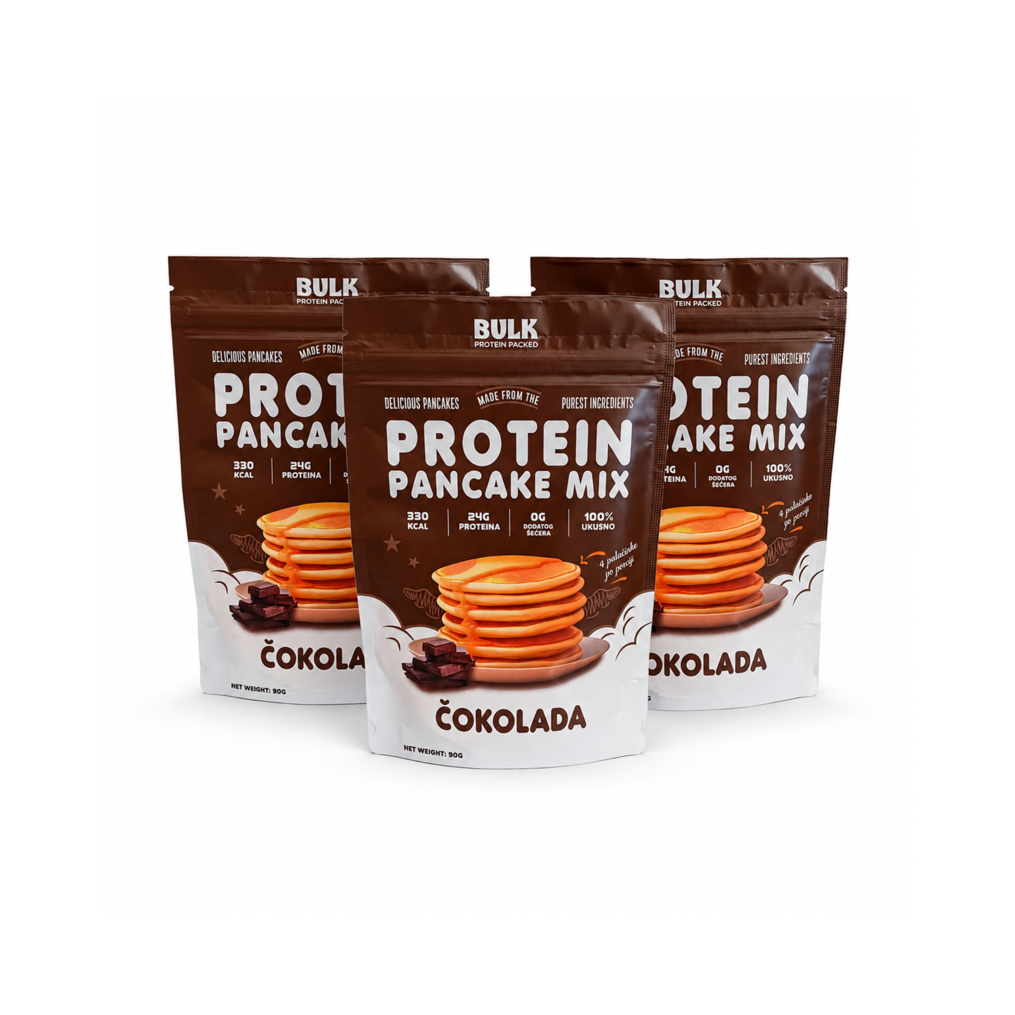 Three packages of Protein Pancake Mix with chocolate flavor on a white background
