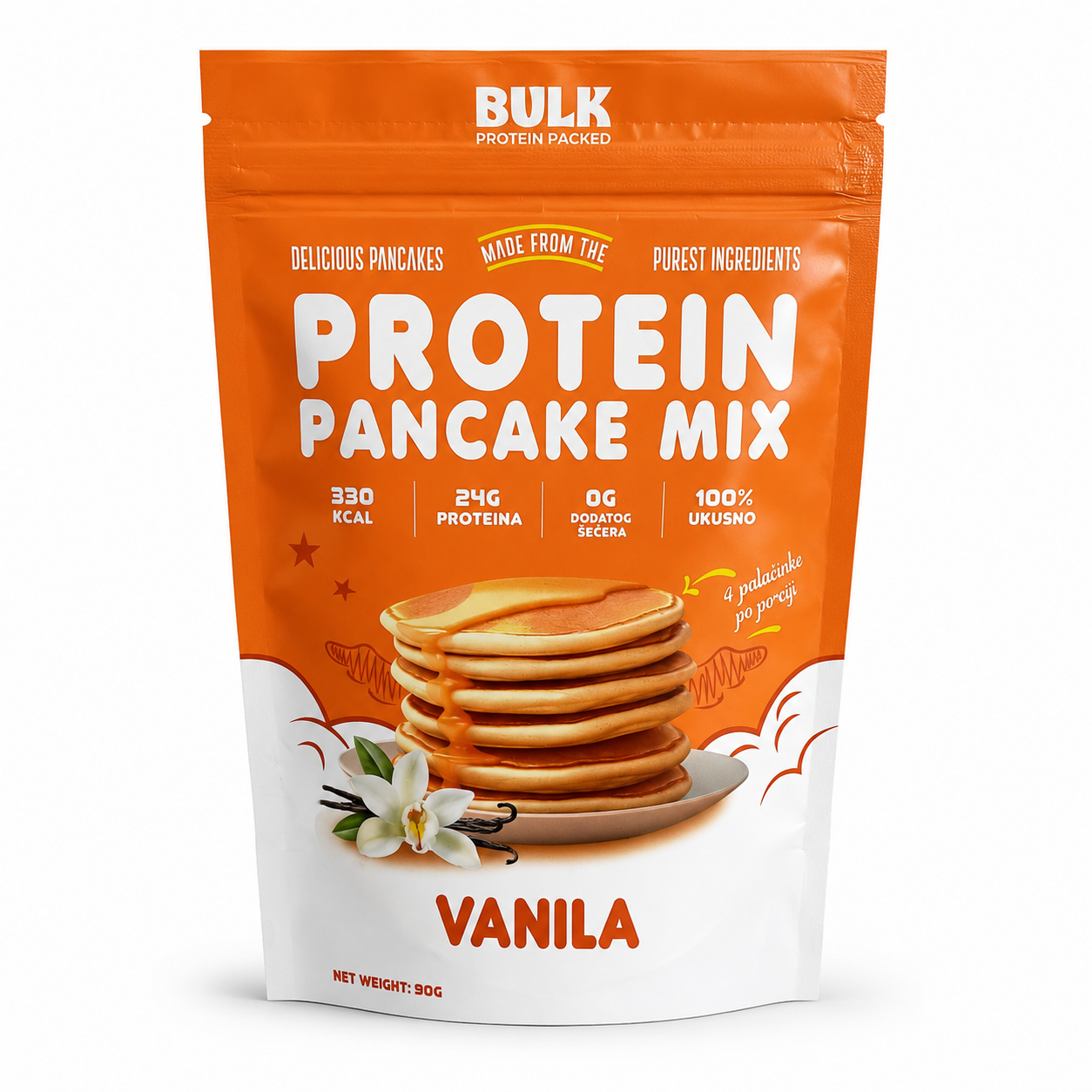 Orange package of Bulk Protein Pancake Mix with vanilla flavor on a white background