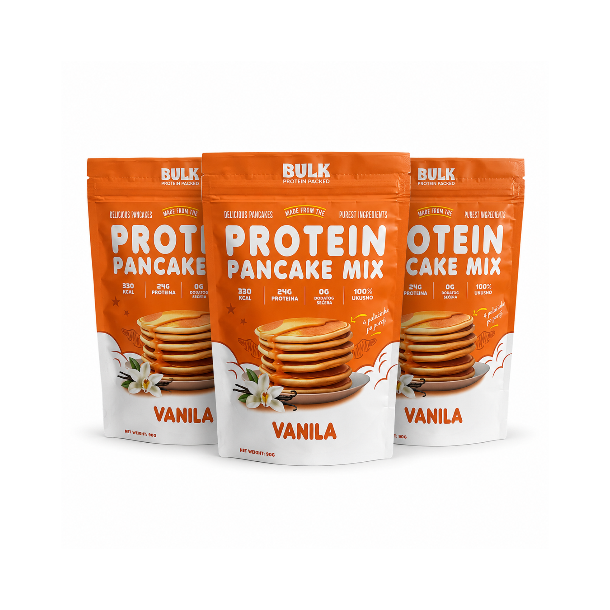 Three packages of Vanilla Protein Pancake Mix from Bulk on a white background